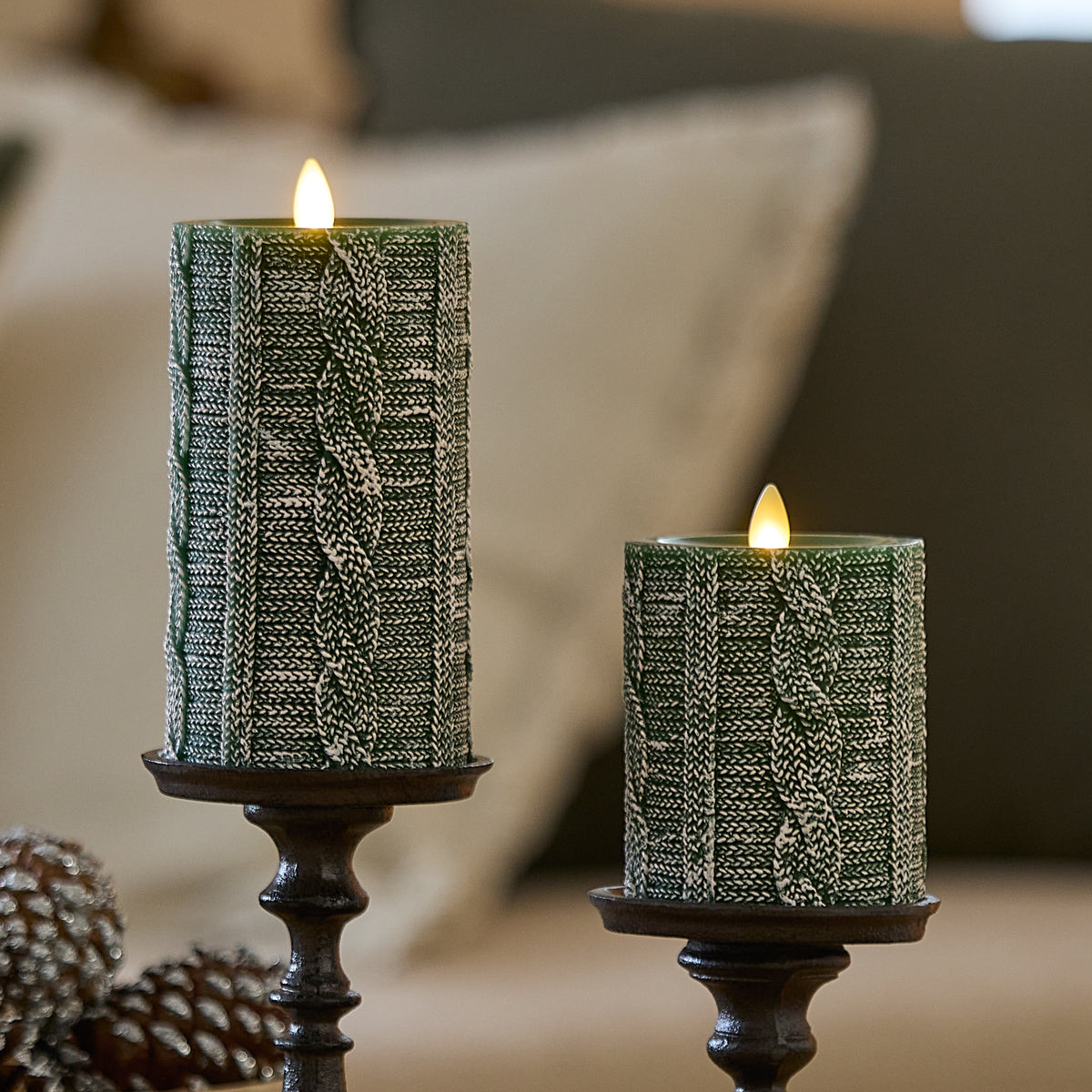 Holiday Green Sweater Knit Flameless Candle Pillar