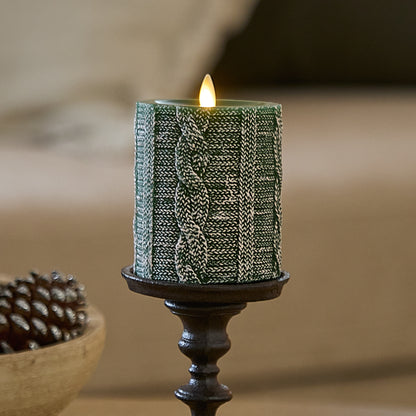 Holiday Green Sweater Knit Flameless Candle Pillar