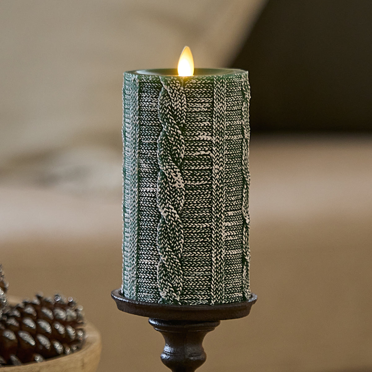 Holiday Green Sweater Knit Flameless Candle Pillar