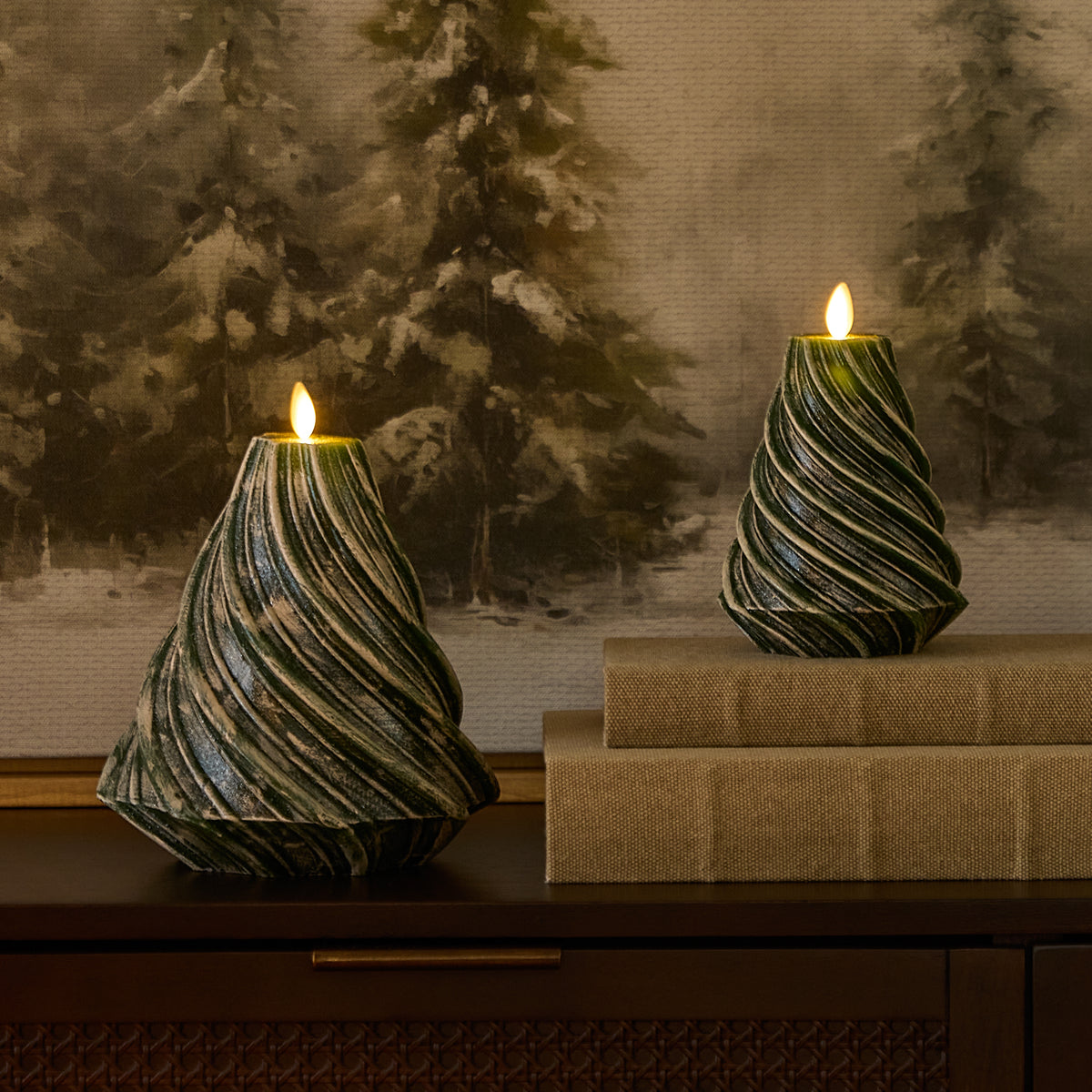 Holiday Green Glitter Swirl Flameless Candle Tree