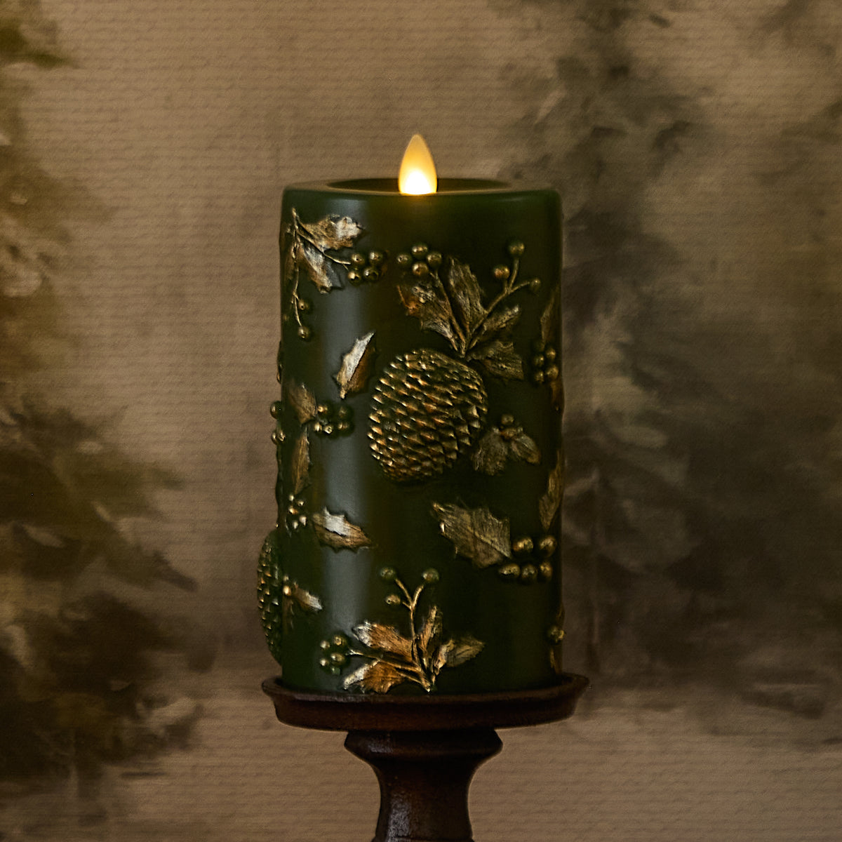 Holiday Green Embossed Pinecones Flameless Candle Pillar