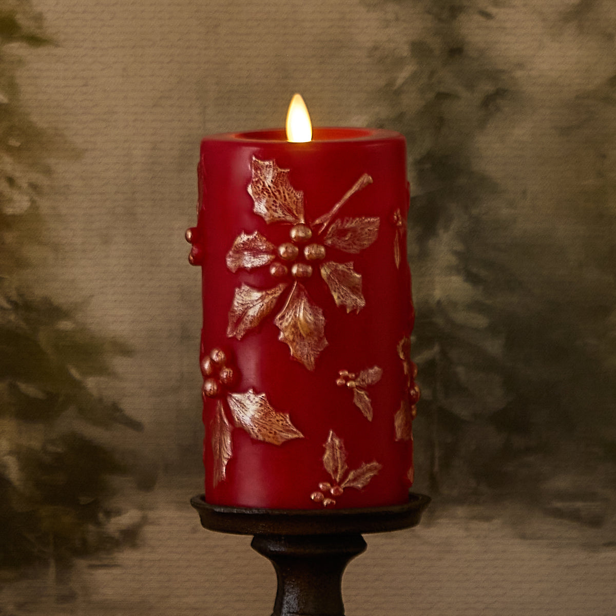 Holiday Red Embossed Holly Flameless Candle Pillar