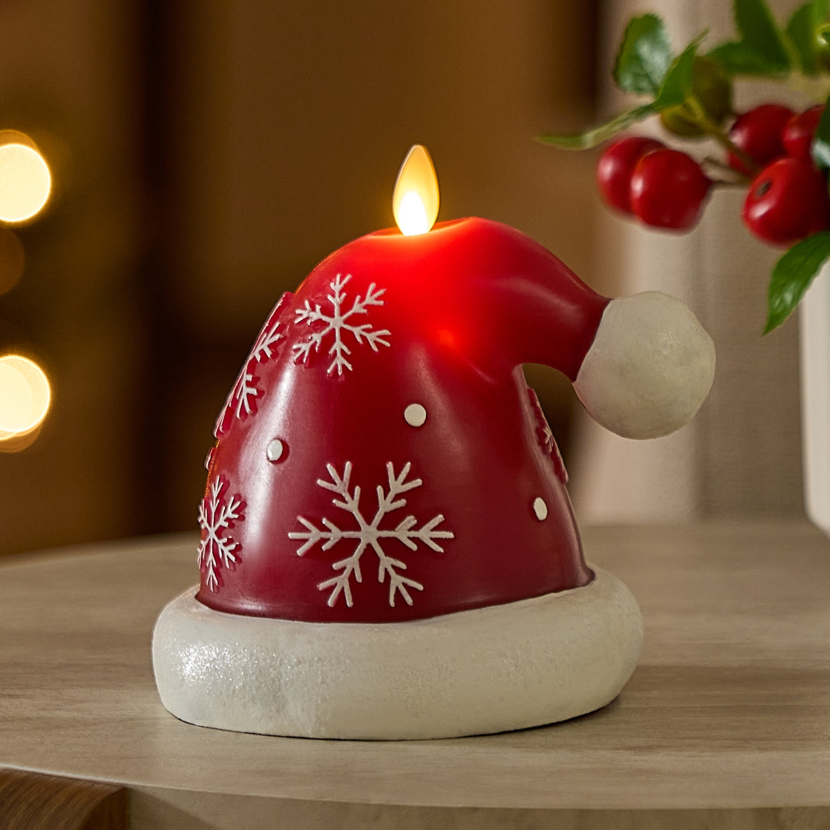 Holiday Red Santa Hat with Snowflakes Flameless Candle