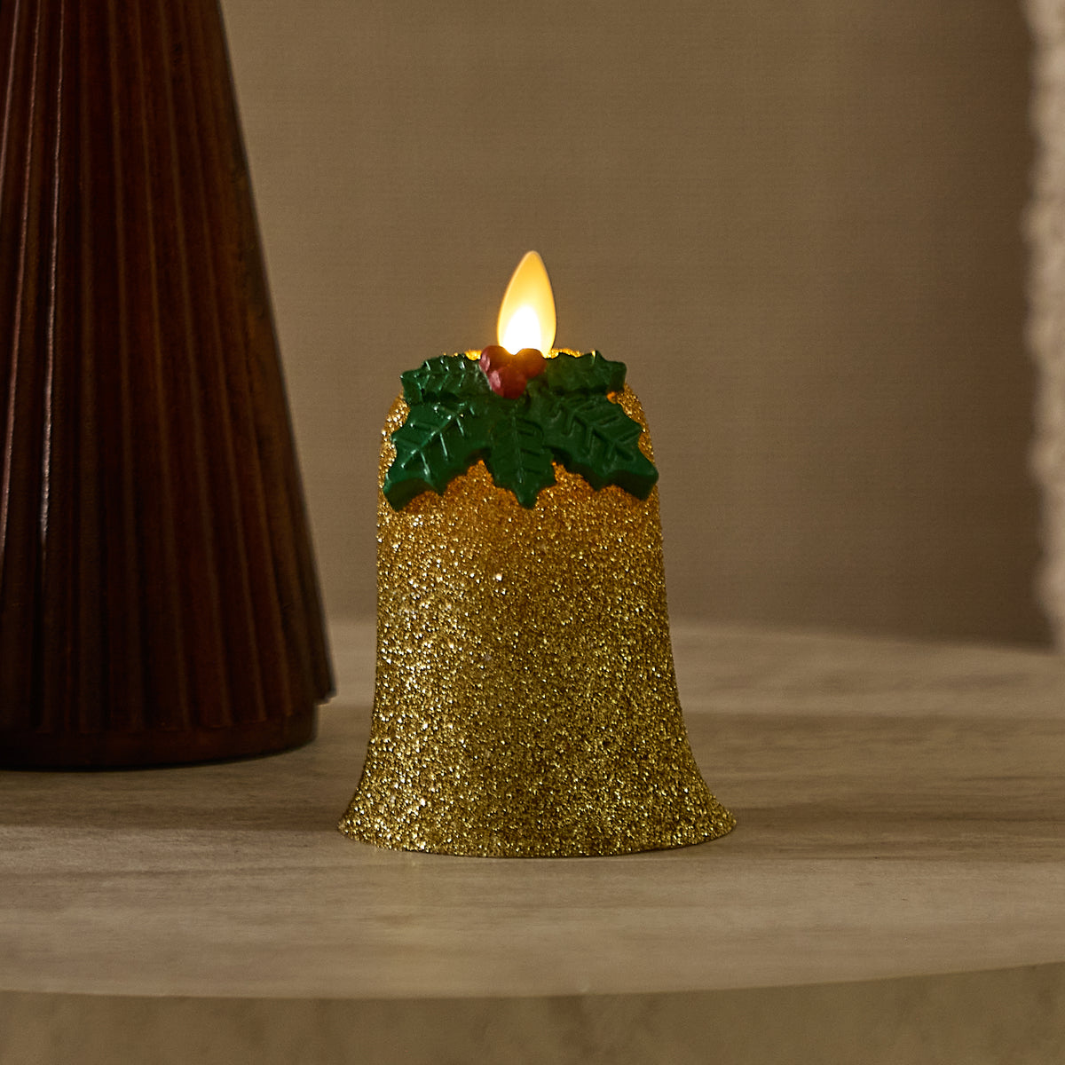 Gilded Gold Glitter Holiday Bell Flameless Candle
