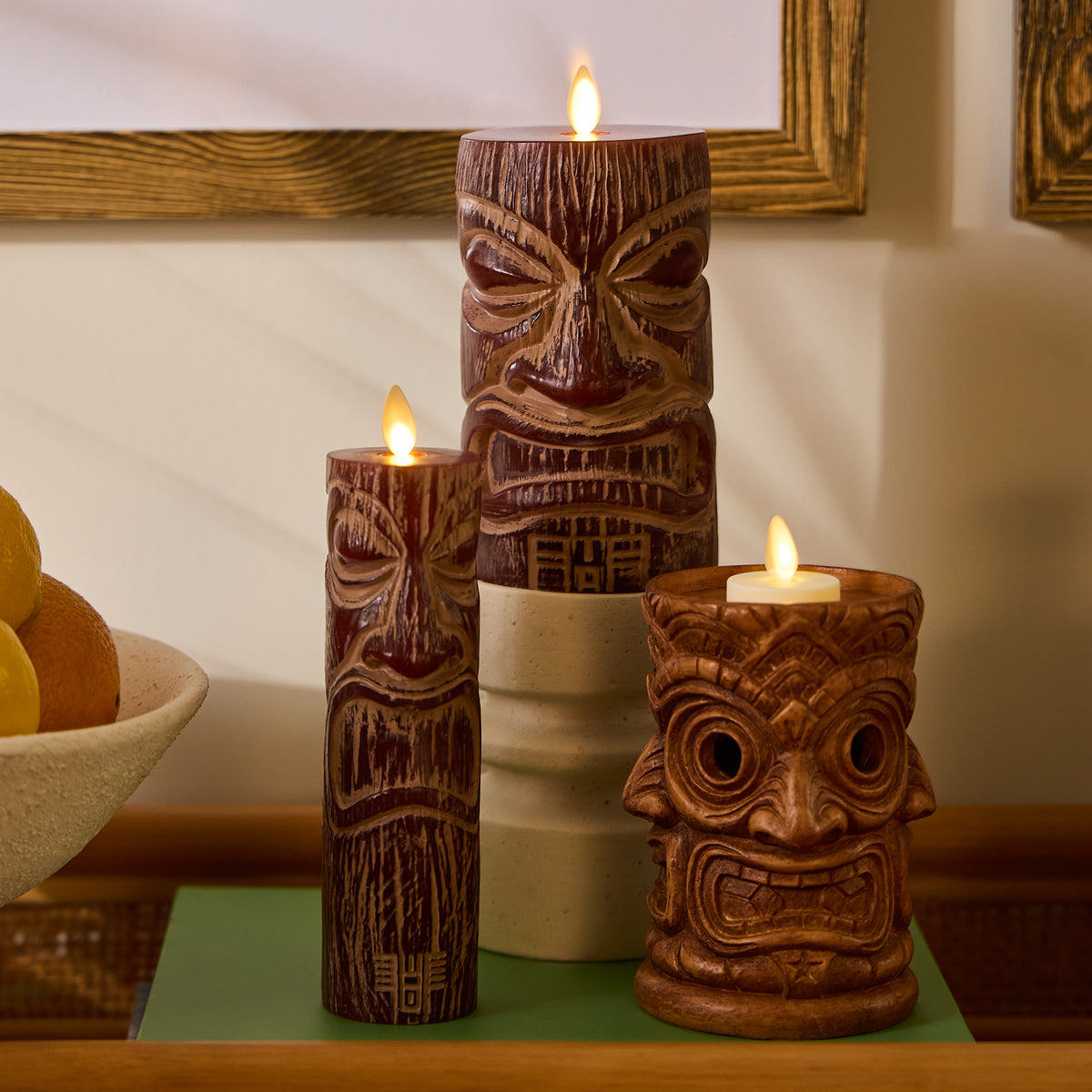 Cherry Mahogany Chalky Fretwork Tiki Flameless Candle Pillar
