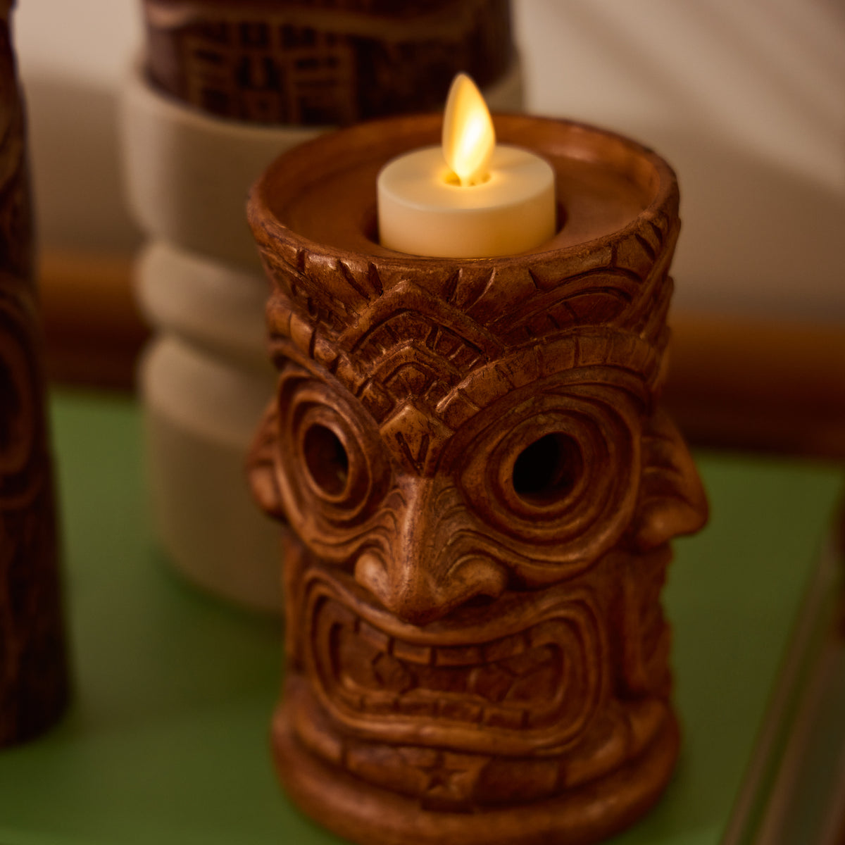 Golden Oak Wraparound Tiki Candle Holder