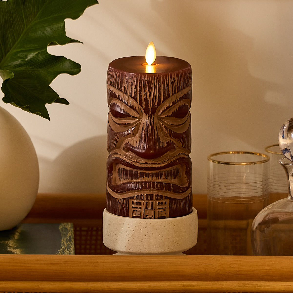 Cherry Mahogany Chalky Fretwork Tiki Flameless Candle Pillar