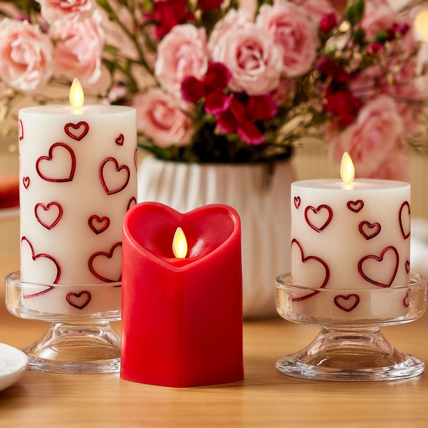 White Porcelain with Metallic Red Hearts Flameless Candle Pillar