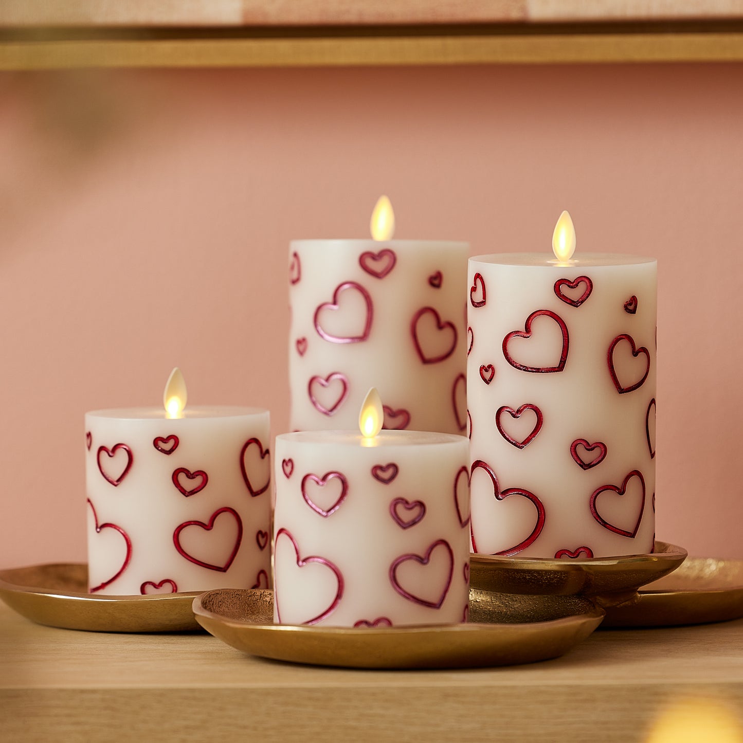 White Porcelain with Metallic Red Hearts Flameless Candle Pillar