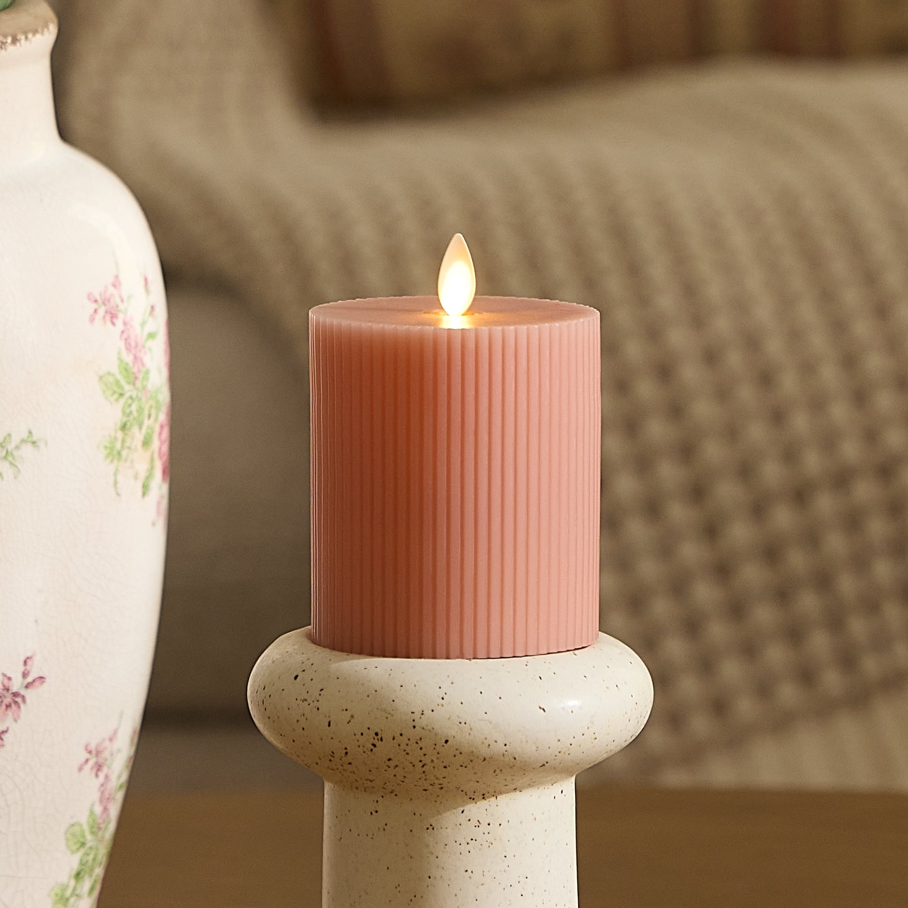 Soft Clay Flameless Candle Ribbed Pillar 3.2 x 4.5