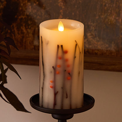 Pearl Ivory Embedded Orange Berries & Twigs Flameless Candle Pillar