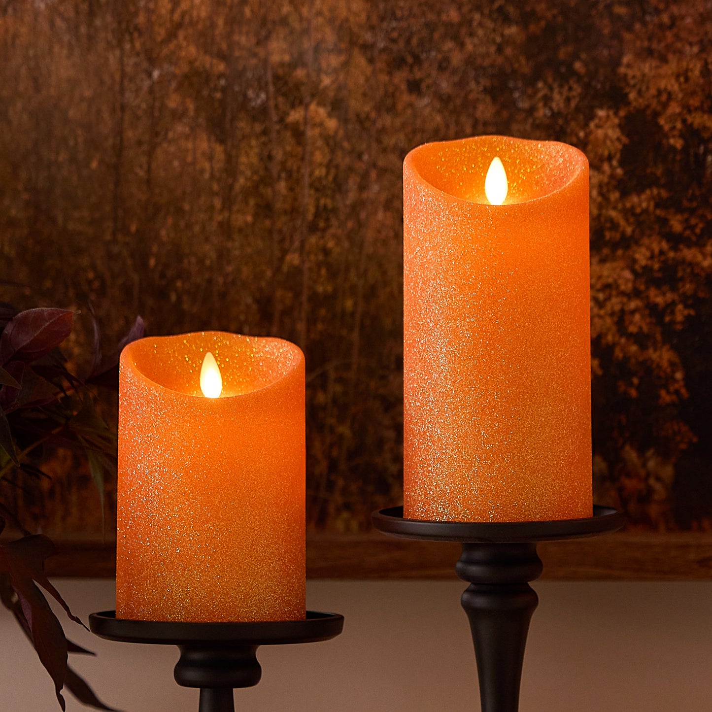 Russet Orange Glitter Flameless Candle Pillar