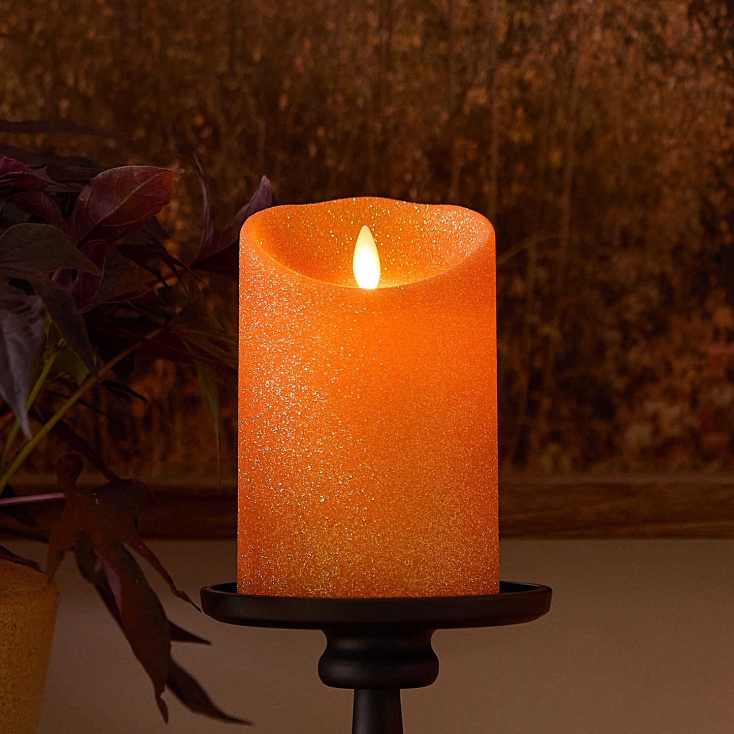 Russet Orange Glitter Flameless Candle Pillar