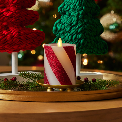 Red Candy Cane Wide Glitter Stripe White Flameless Candle Pillar