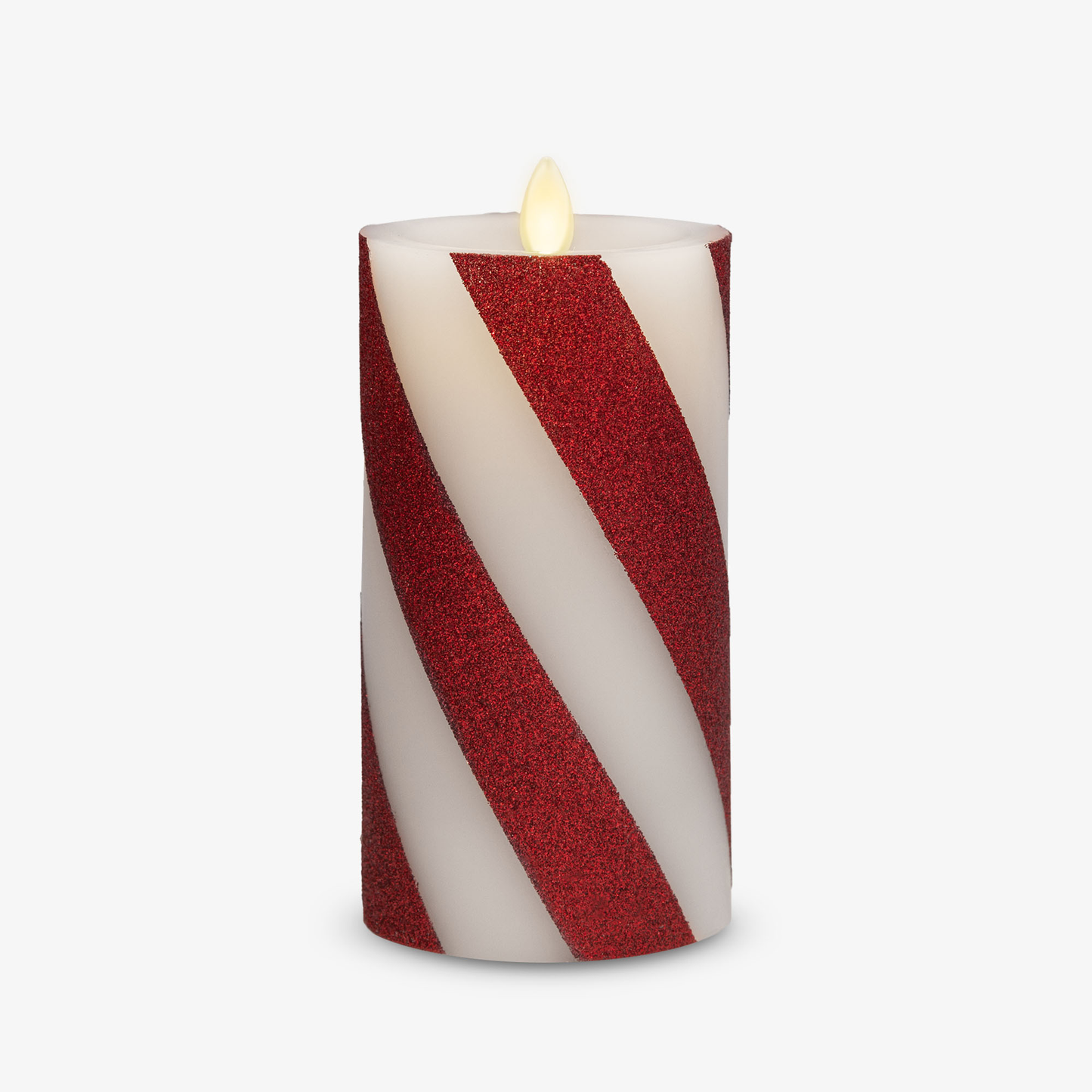 Red Candy Cane Wide Glitter Stripe White Flameless Candle Pillar