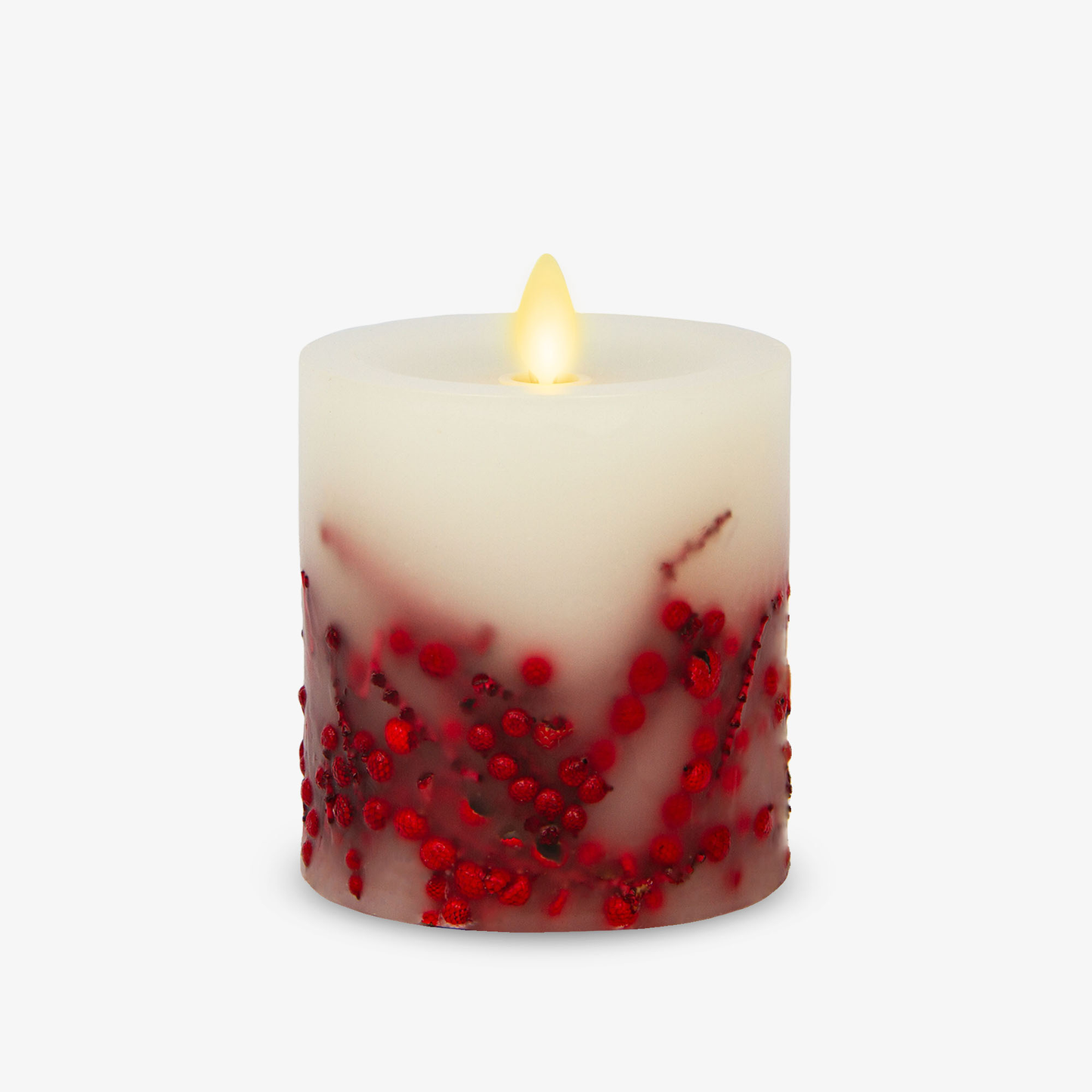 Embedded Red Berries Flameless Candle Pillar - Recessed Top - White