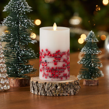 Embedded Red Berries Flameless Candle Pillar