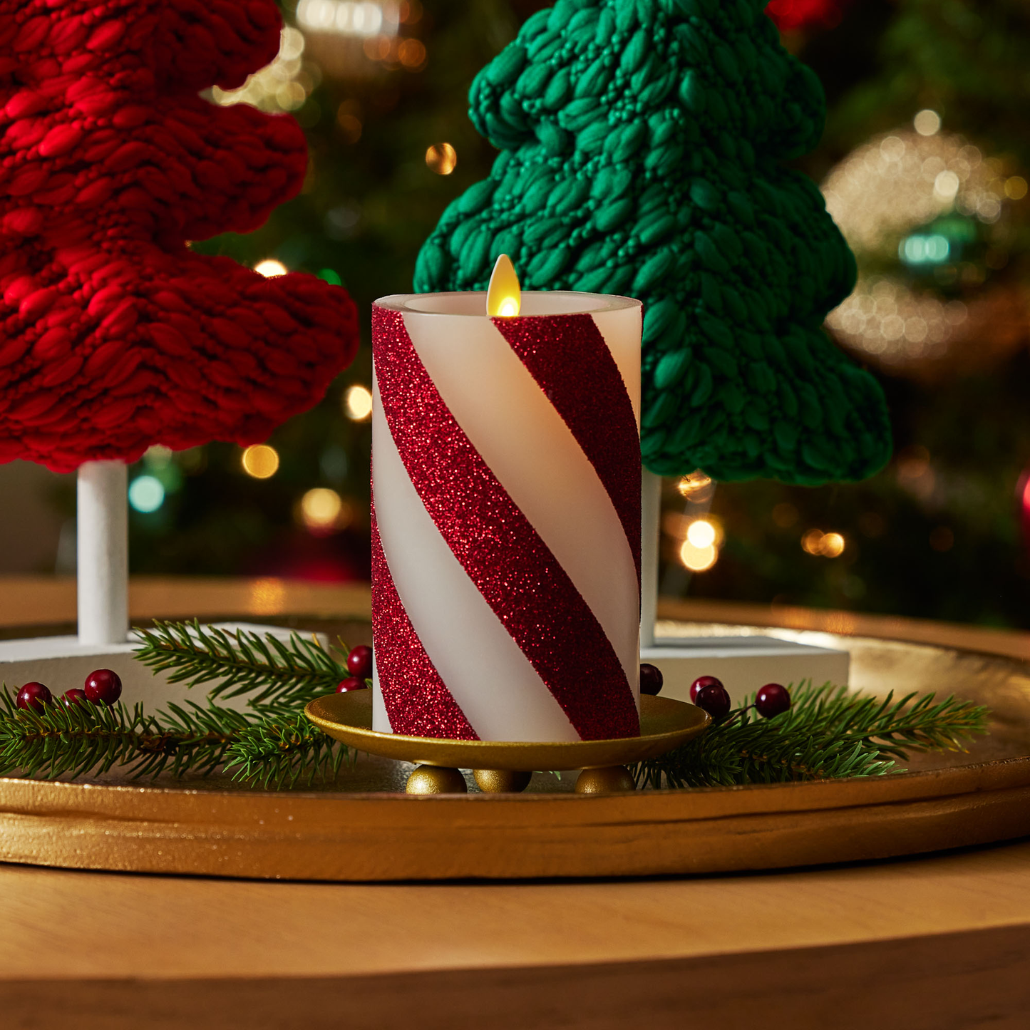 Red Candy Cane Wide Glitter Stripe White Flameless Candle Pillar
