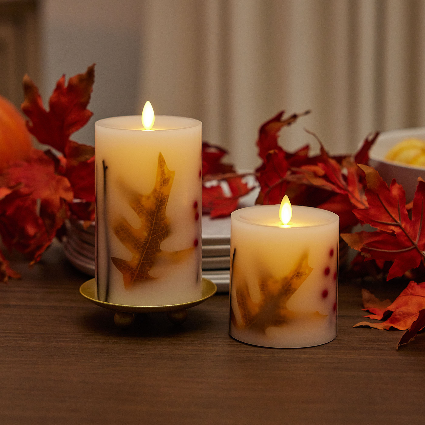 Embedded Fall Leaves & Twigs Flameless Candle Pillar - Recessed Top