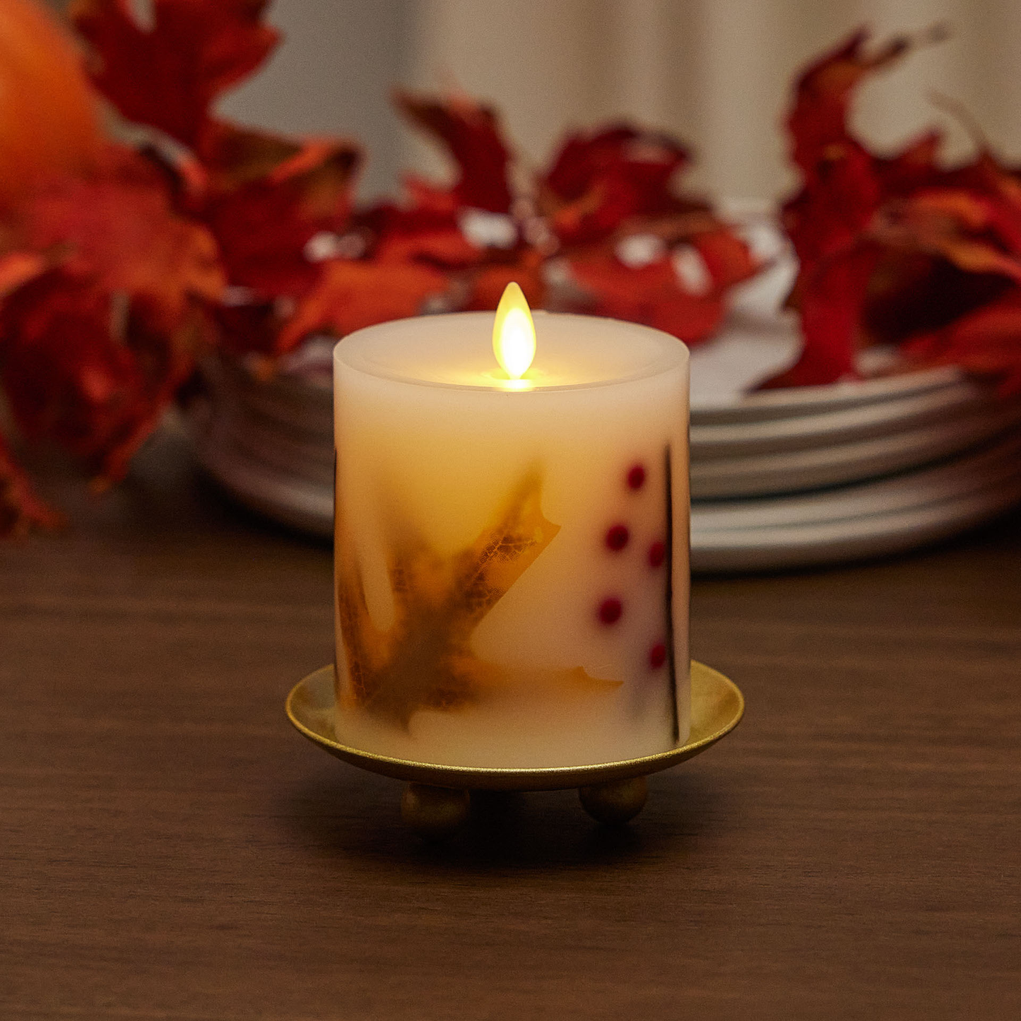 Embedded Fall Leaves & Twigs Flameless Candle Pillar - Recessed Top