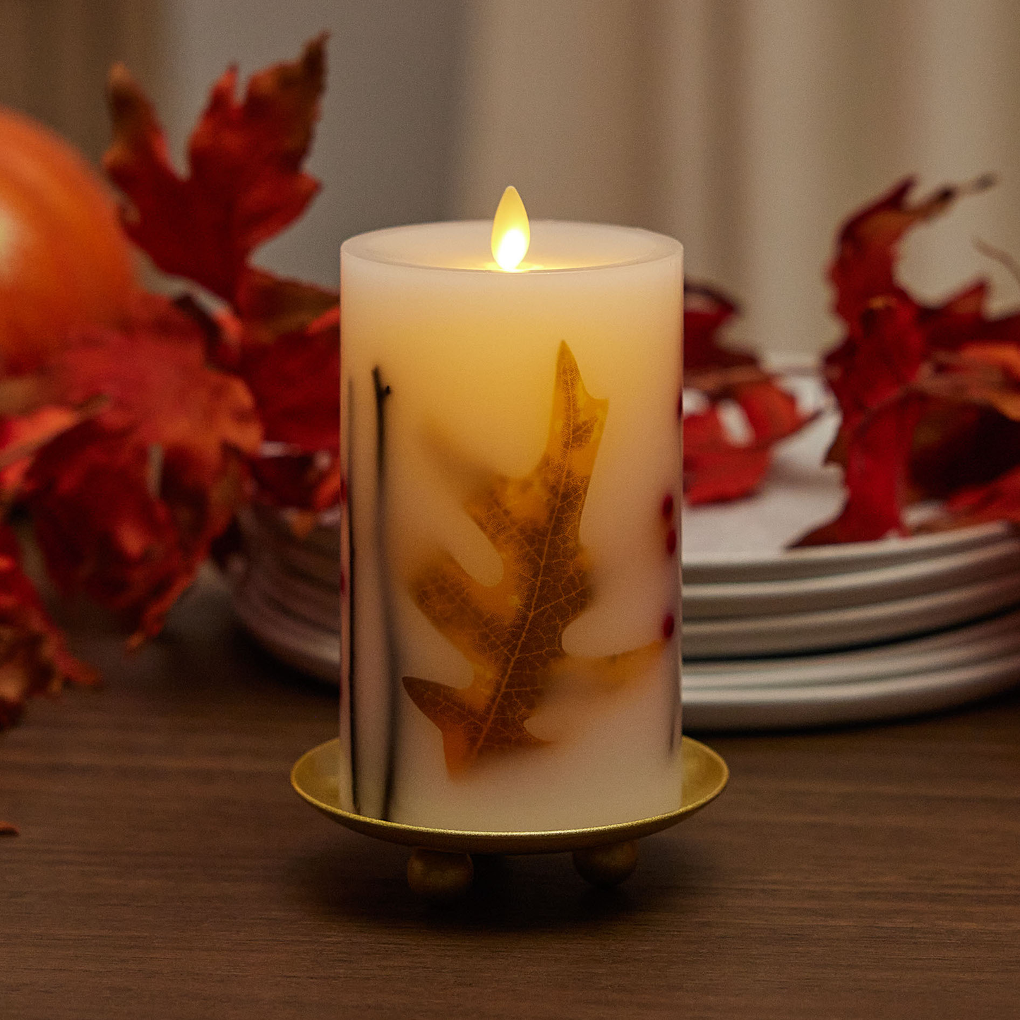 Embedded Fall Leaves & Twigs Flameless Candle Pillar - Recessed Top