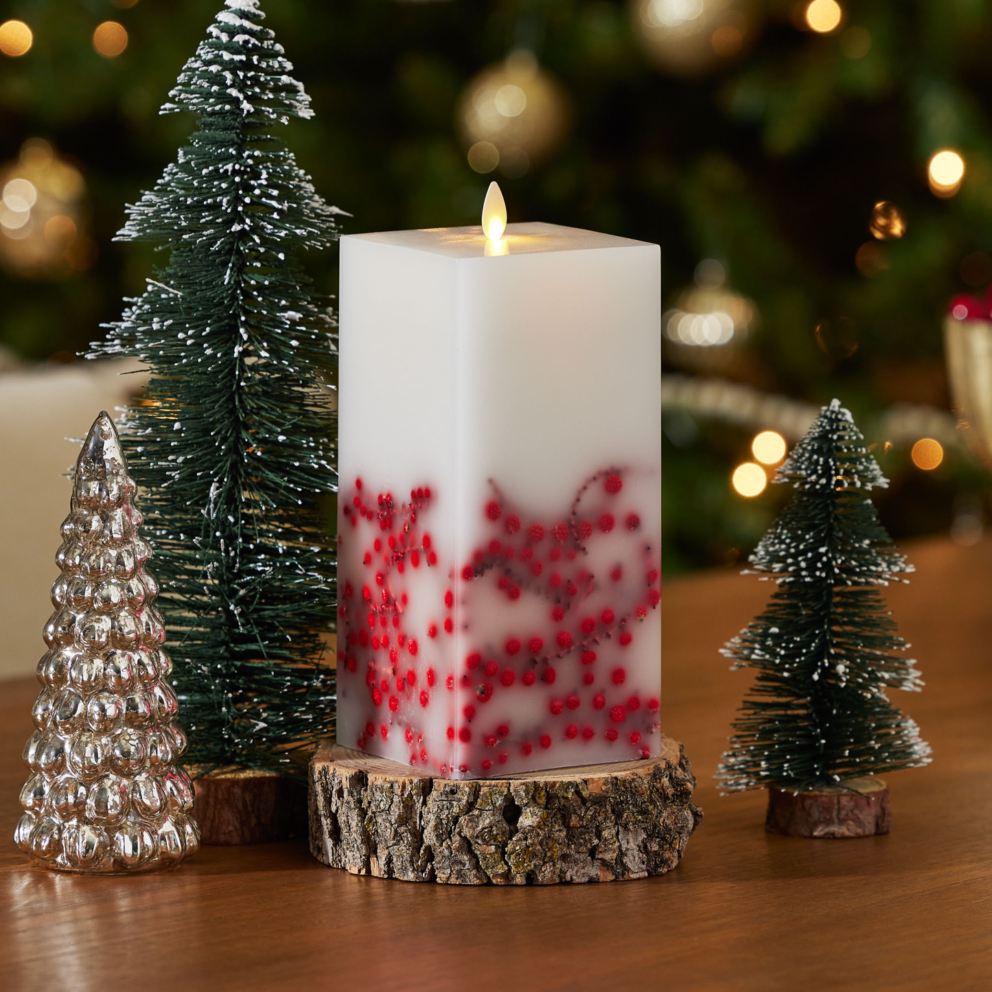 Embedded Red Berries Flameless Candle Square Pillar - Flat Top