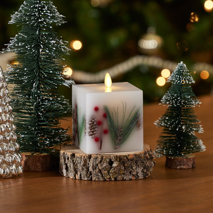 Embedded Pine, Berries & Pinecones Flameless Candle Square Pillar - Flat Top