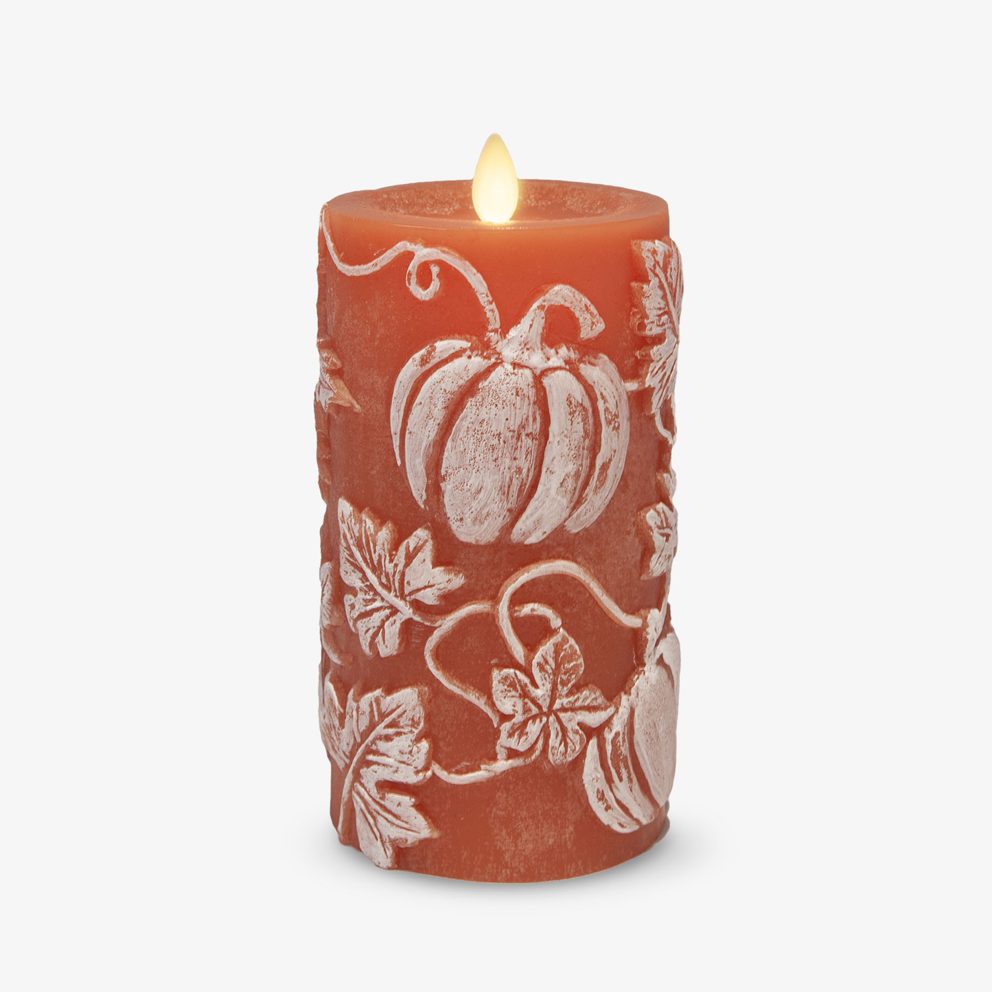 Embossed Leaves & Pumpkins Flameless Candle Pillar - Recessed Top