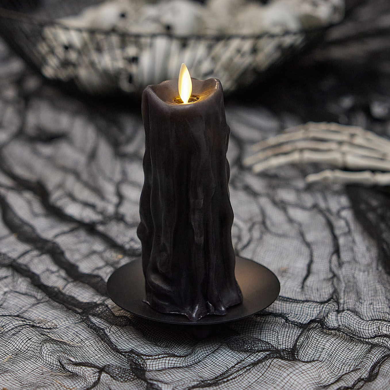 Black Heavy Wax Drip Flameless Candle Slim Pillar