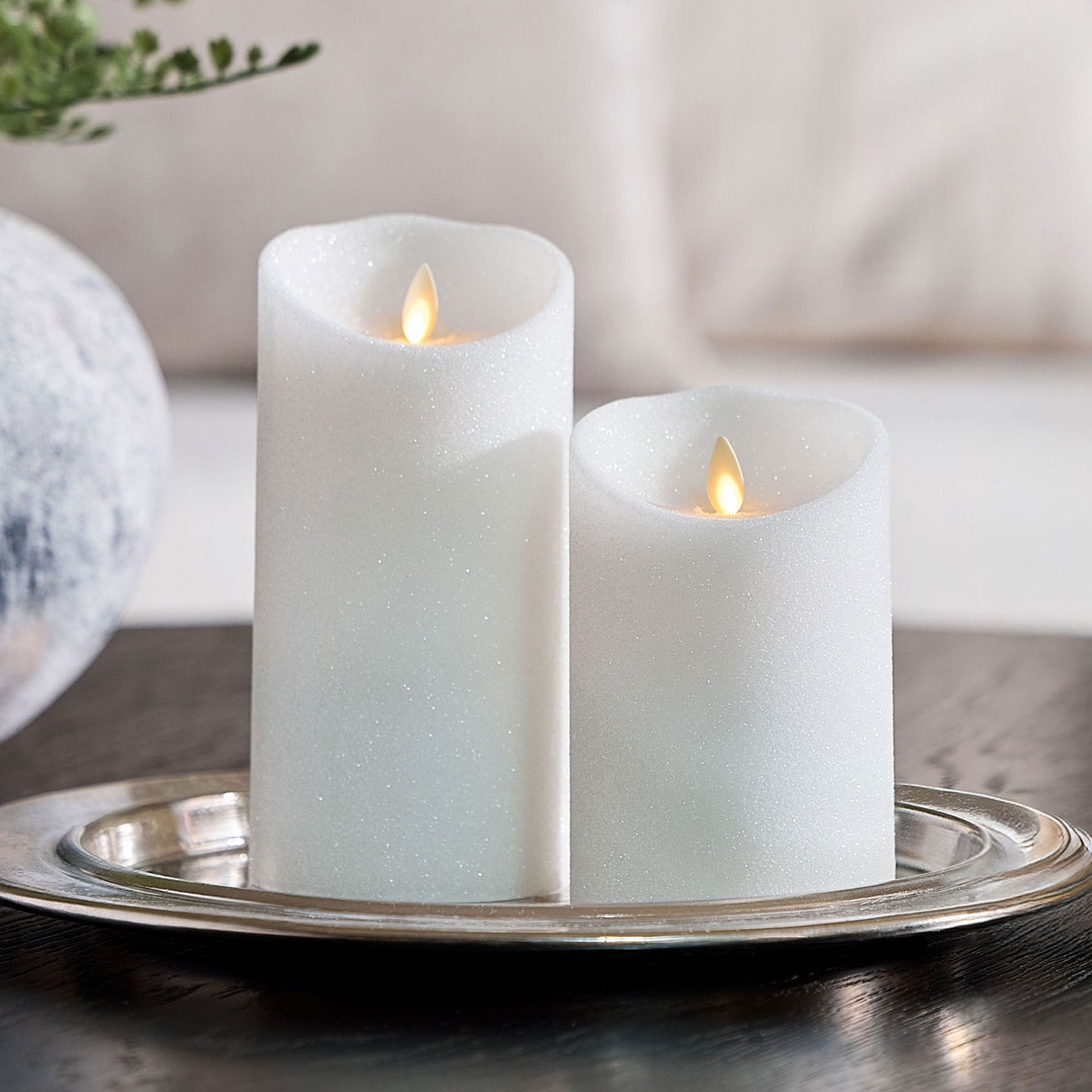 Dazzling White Glitter Flameless Candle Pillars