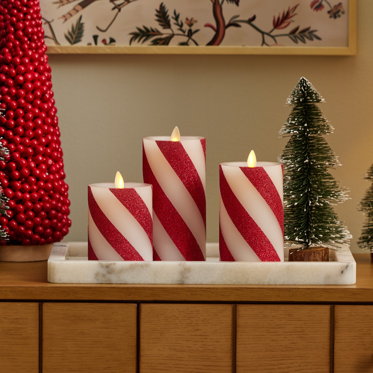 Red Candy Cane Wide Glitter Stripe White Flameless Candle Pillar