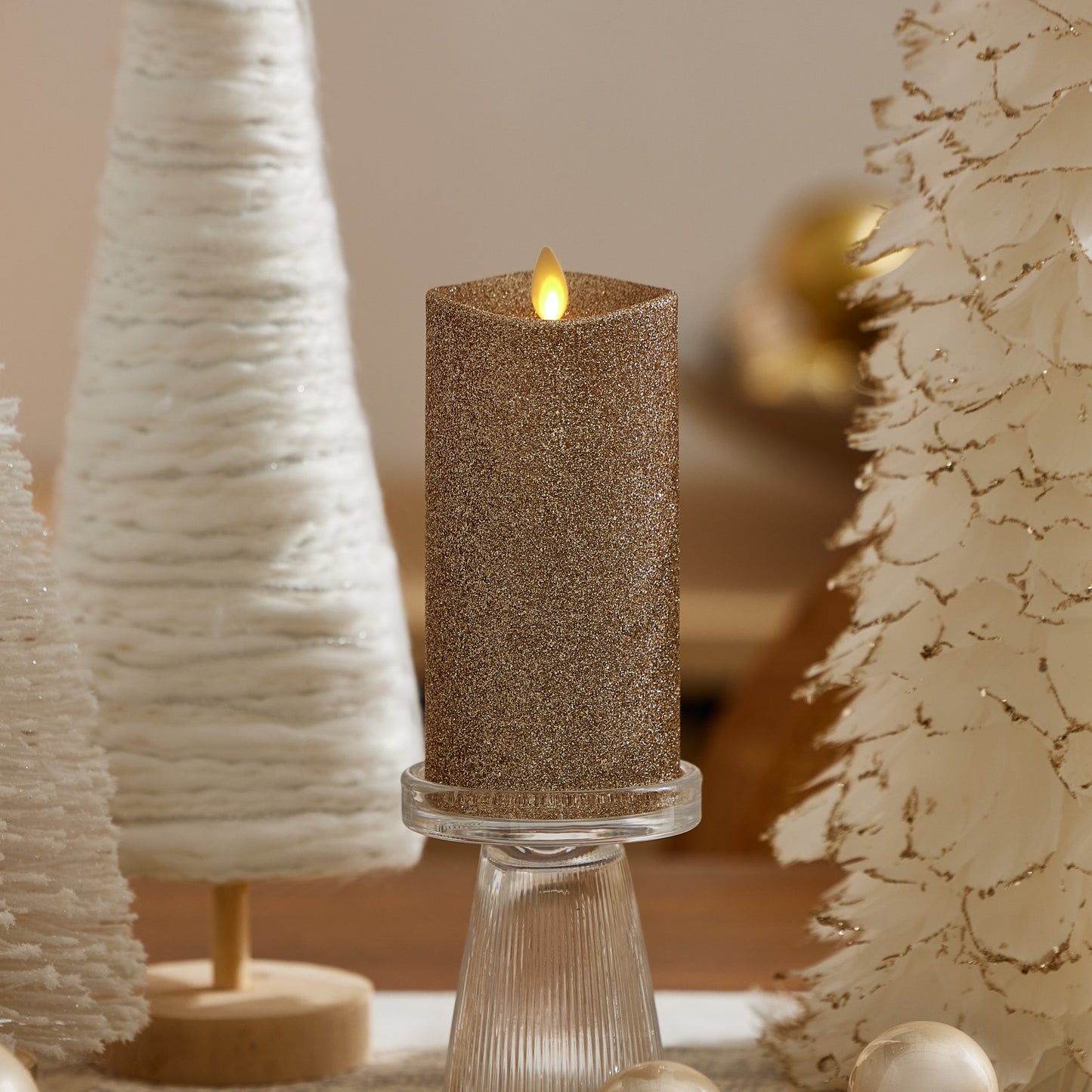 Gold Glitter Flameless Candle Pillar