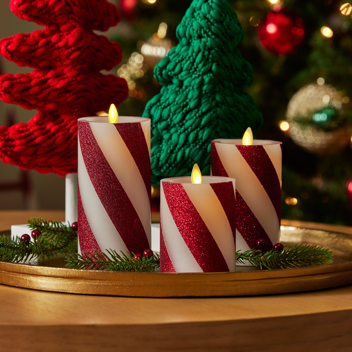 Red Candy Cane Wide Glitter Stripe White Flameless Candle Pillar