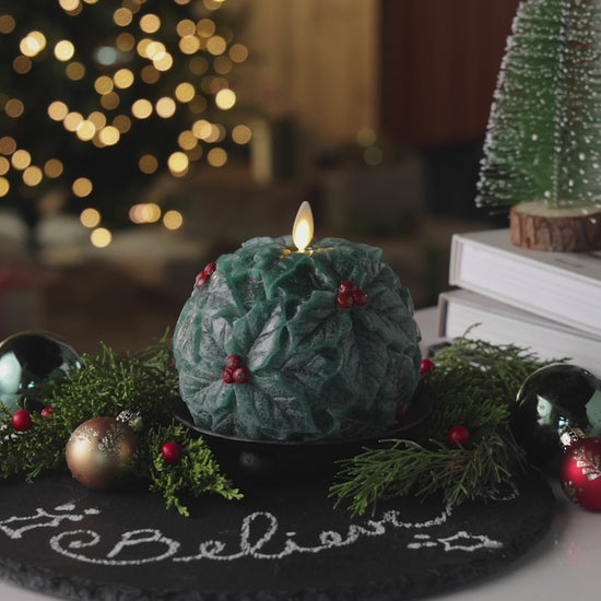 Hunter Green Flameless Candle Holly Sphere
