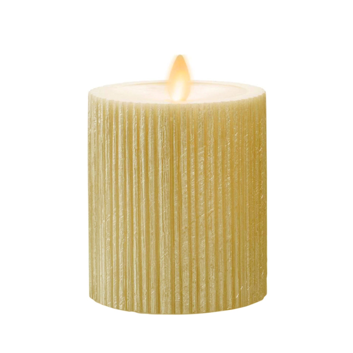 Ribbed Metallic Champagne Flameless Candle Pillar - Recessed Top