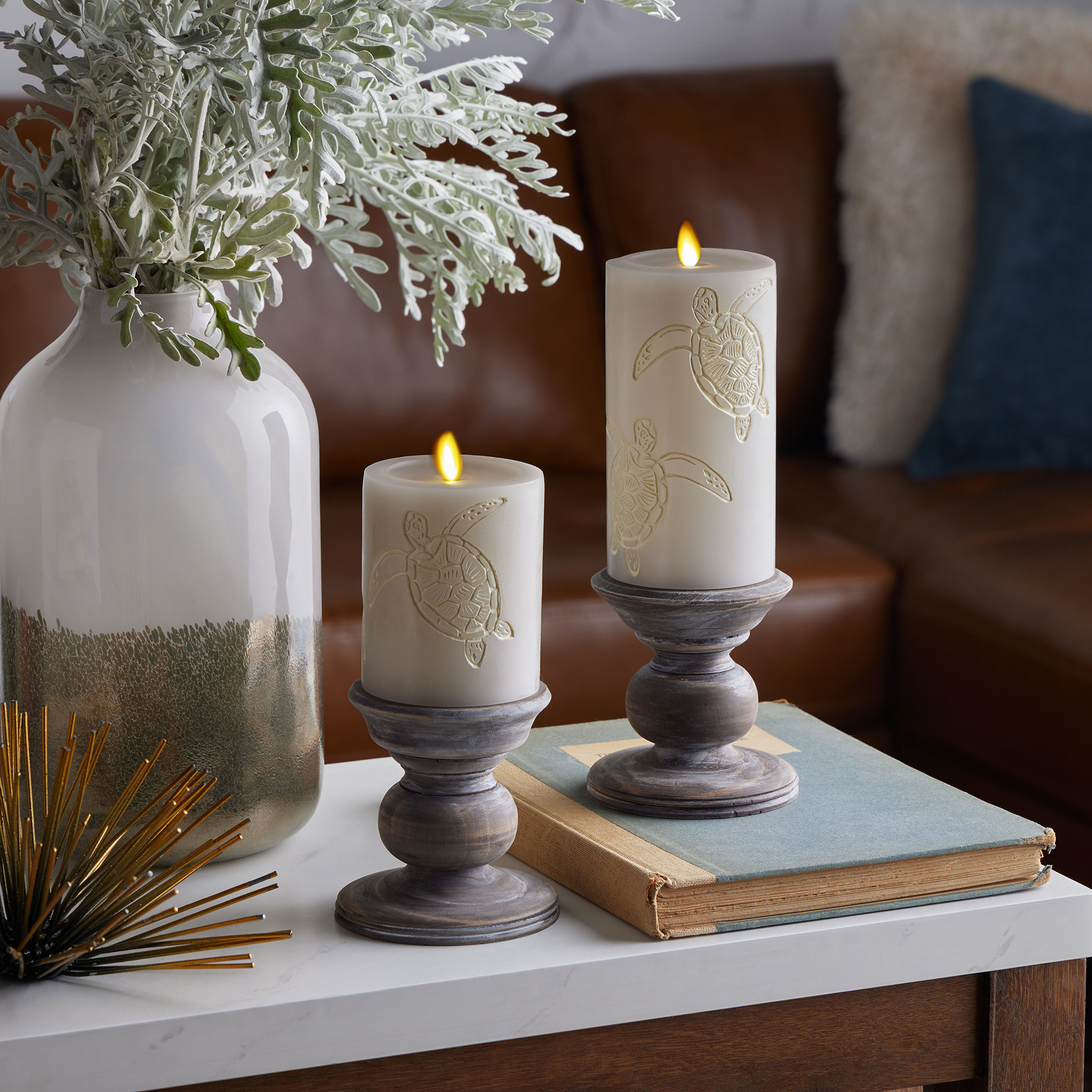 Sandy Grey Sea Turtle Flameless Candle Pillar Luminara