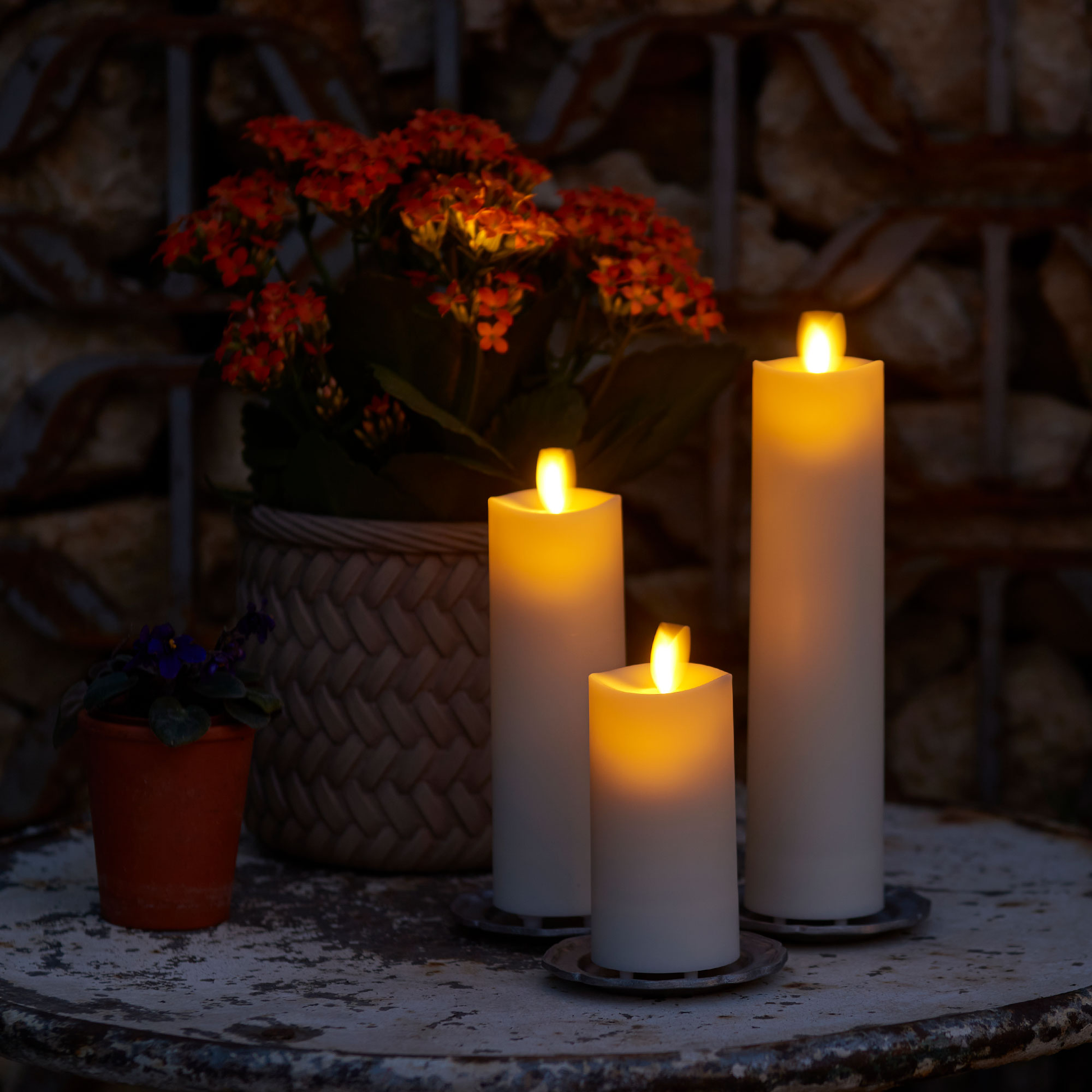 Pearl Ivory Outdoor Flameless Candle Slim Pillar - Melted Top - 2 Width