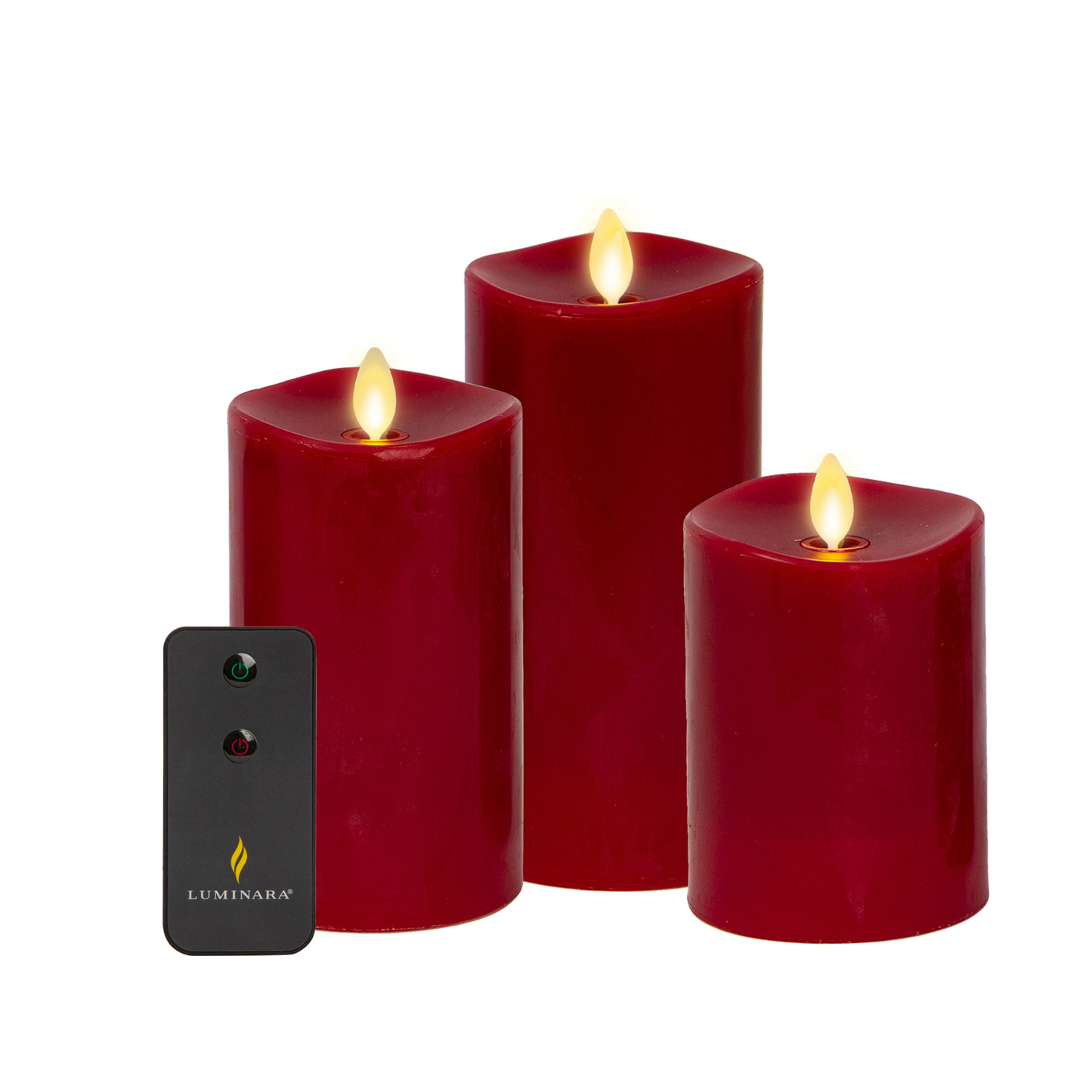 Burgundy Flameless Candle Pillars with Remote - Melted Top - Set of 3