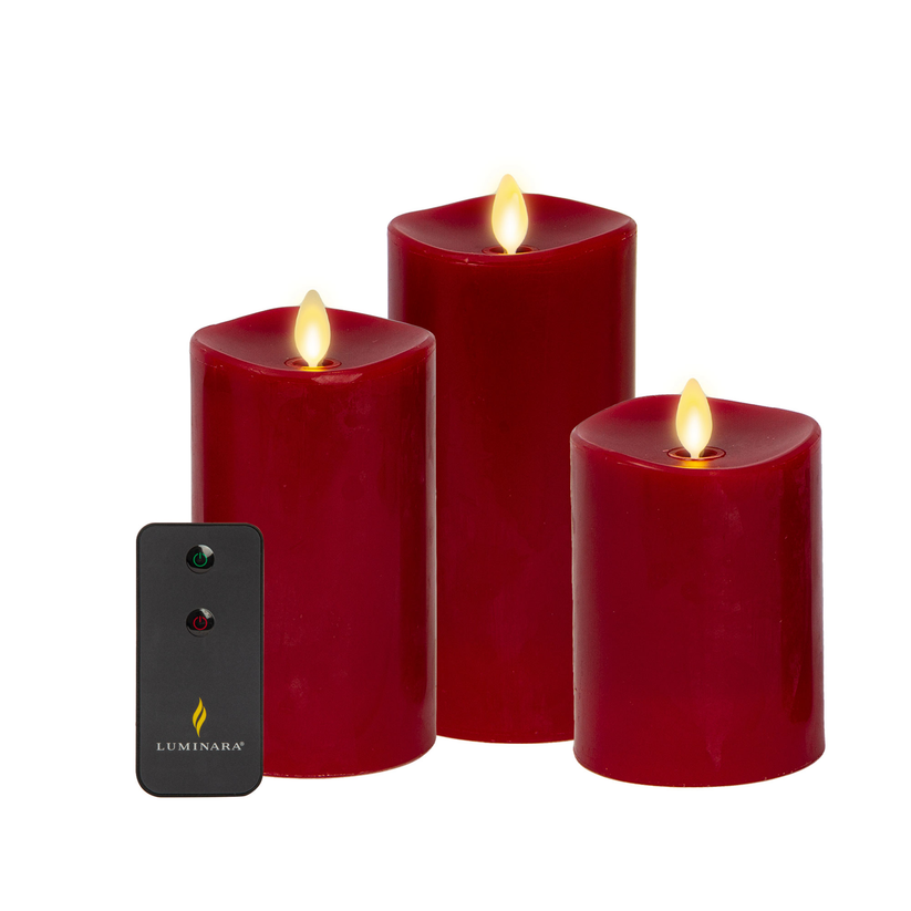 Melted Remote Flameless Burgundy Candle Pillars w/ Flame-Effect | Luminara