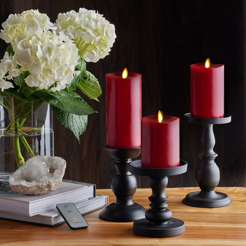 Flameless Burgundy Candle Pillars w/ FlameEffect Luminara