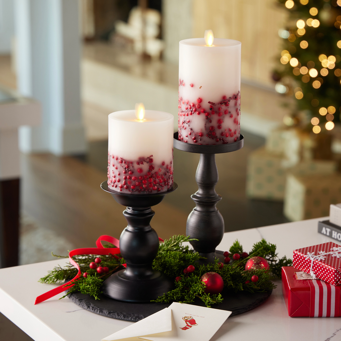 Embedded Red Berries Flameless Candle Pillar 