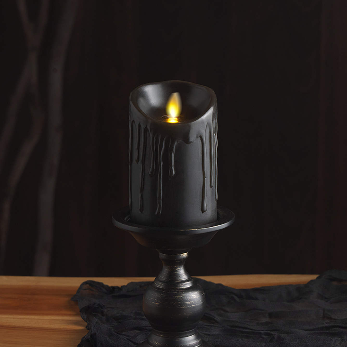Black Wax Drip Flameless Candle Pillar - Scallop Top Unscented