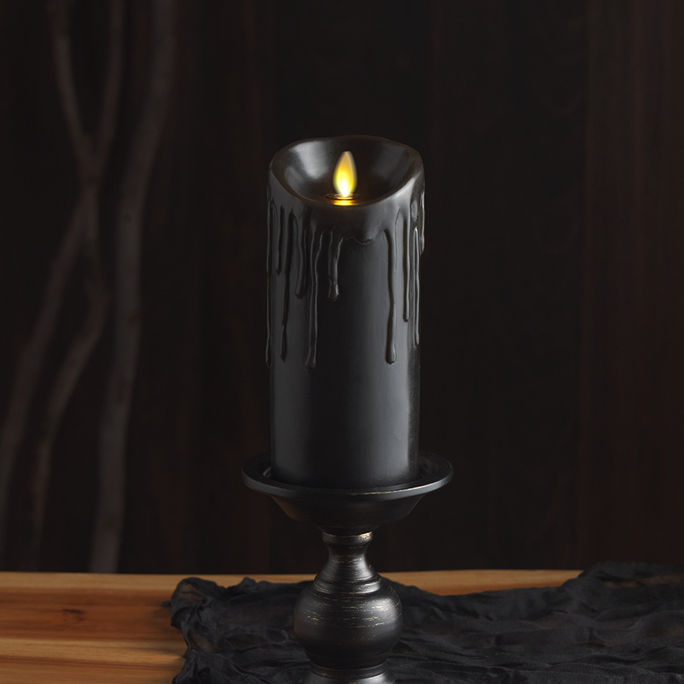 Black Wax Drip Flameless Candle Pillar - Scallop Top Unscented
