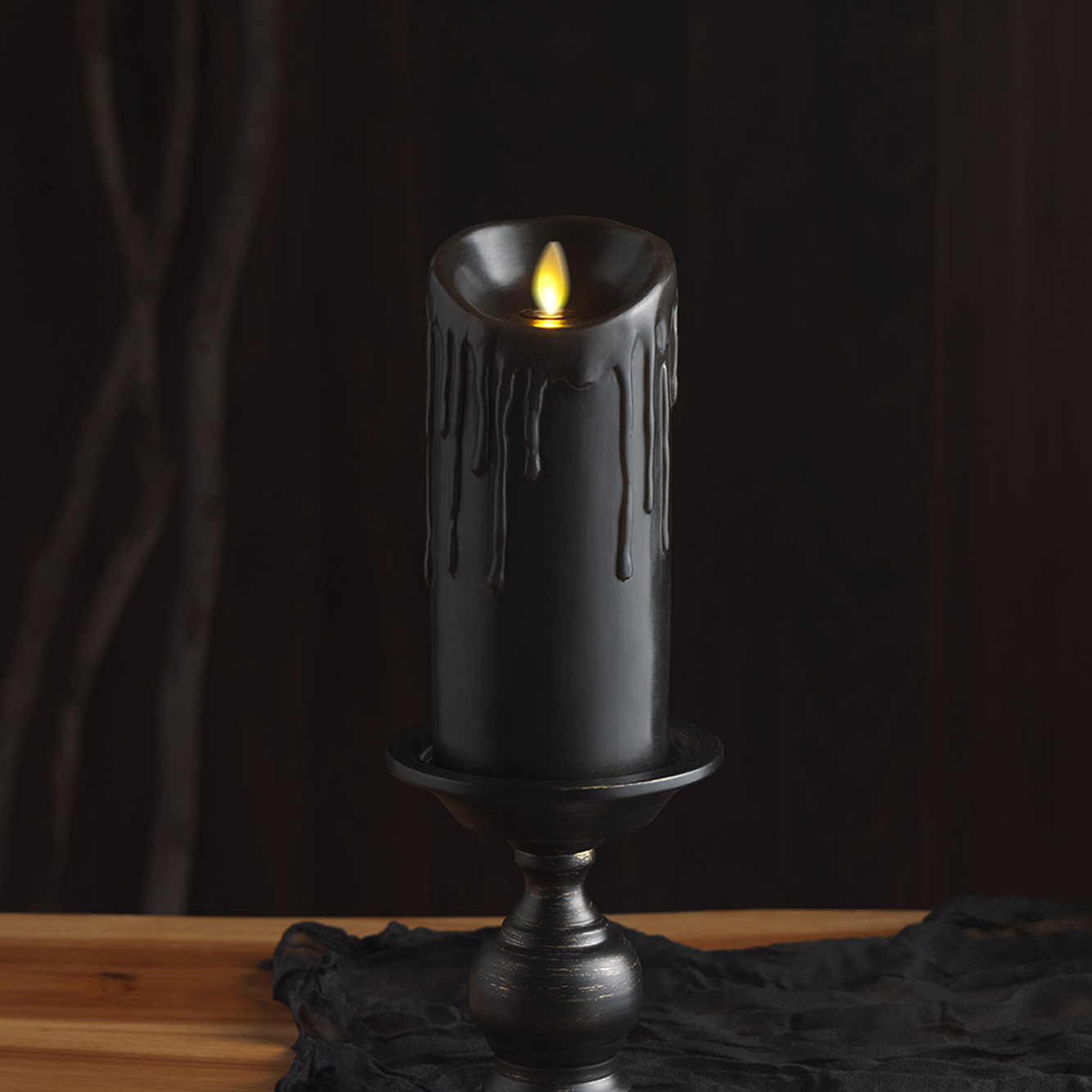 Black Wax Drip Flameless Candle Pillar - Scallop Top 3 x 4.5